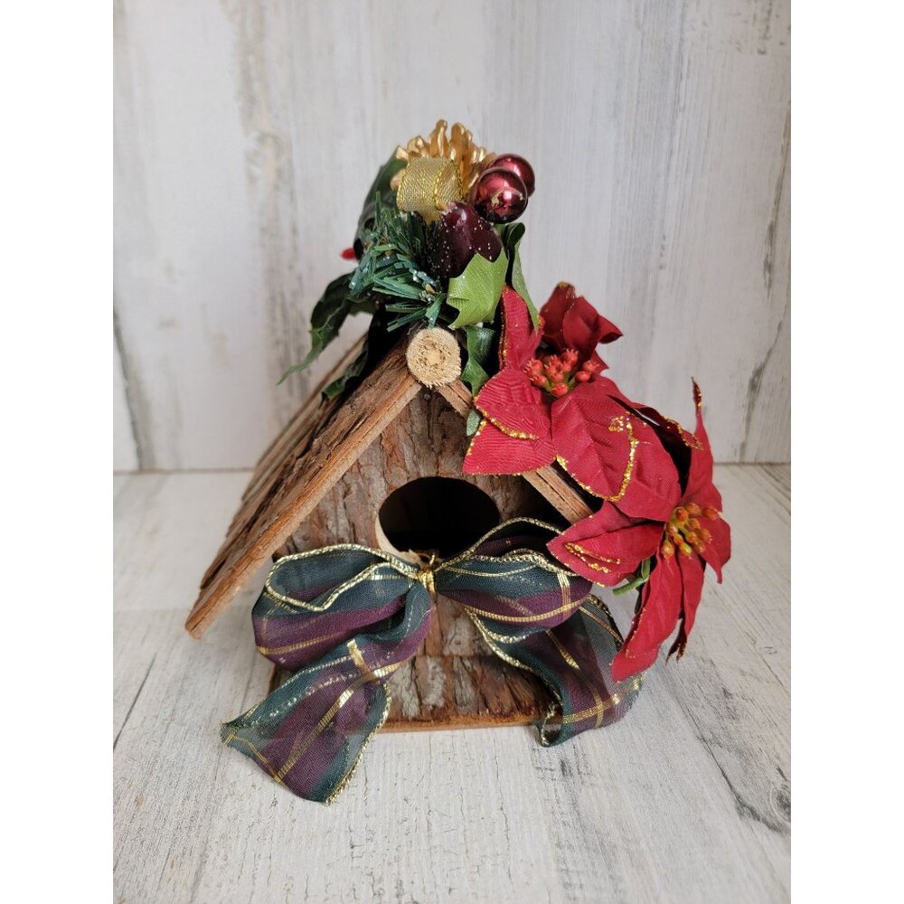 Wooden Birdhouse ponsieta bow holiday xmas decor home